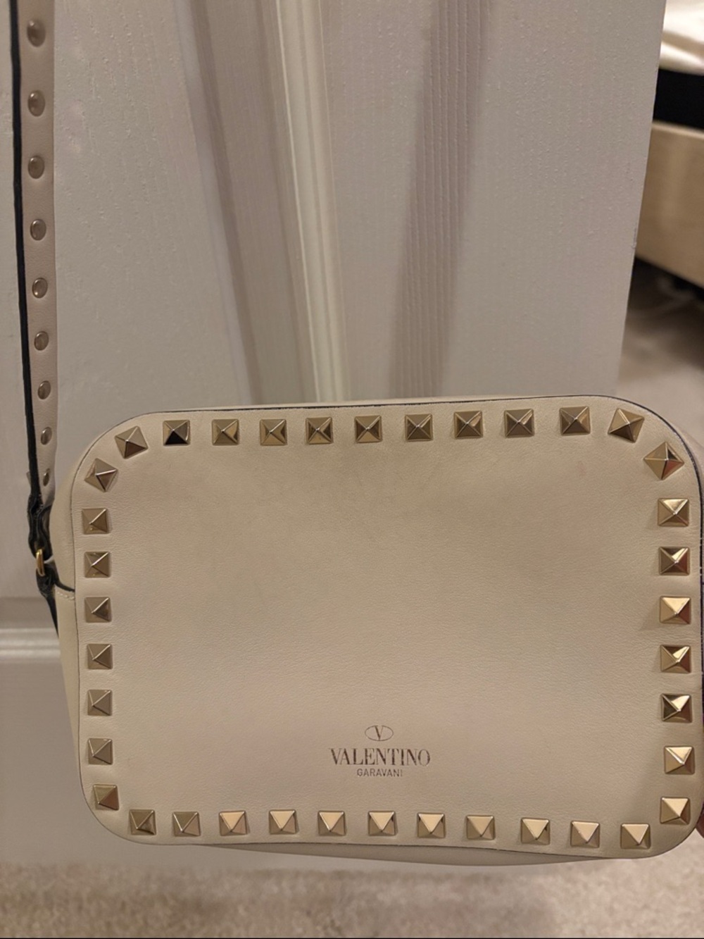 Valentino Garavani Ivory Leather Rockstud Crossbody Bag with Gold Studs